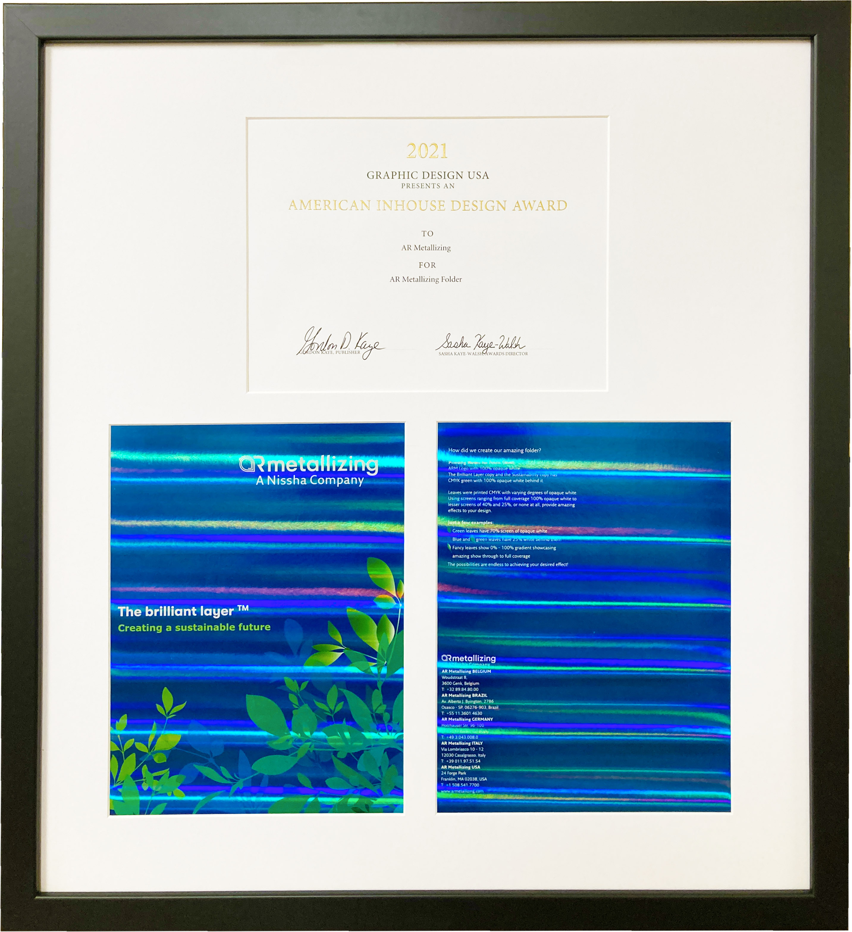 GDUSA Award framed with winning folder